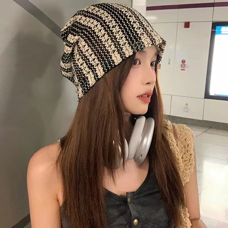 Hollow Knitted Beanies Hats For Women&Men Summer Crochet Striped Skullies Cap Outdoor Famela Cover Head Cold Caps Ear Hat Bonnet