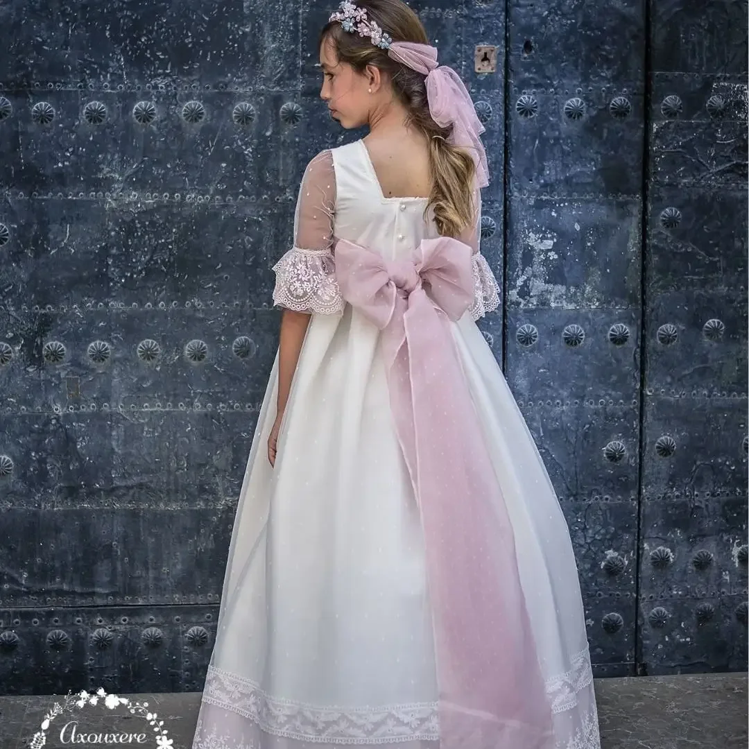 

Communion Girl Vintage Princess Lace Floral Ribbon Belt Embroidery Cotton Gown Bridemini Bridesmaid Wedding Party