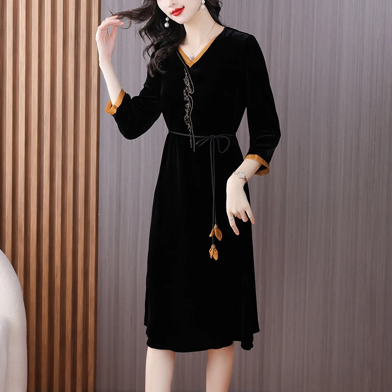 Korean Luxury True Velvet Knee Length Skirt 2023 New Versatile Mulberry Silk Pullover Skirt Black Loose Fit Casual Party Vestido