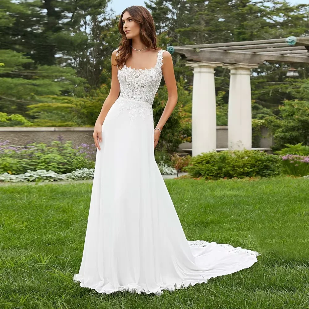 Classic Wide Straps Wedding Dress Boat Neck Sleeveless Bridal Grown A Line Backless Customized Applique Lace Vestidos De Novia