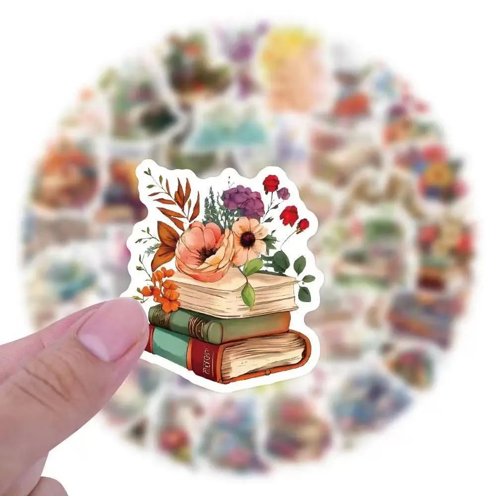 62pcs Vintage Book & Flower Stickers, Watercolor Botanical Reading Aesthetic Waterproof PVC Decals, DIY Stickers for Journaling,
