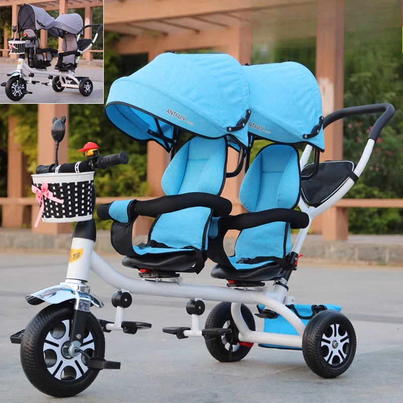 

Anti-Shock Twin Children Tricycle, Enlarged Footrest Ergonomic Handle, Adjustable 1-7Yrs Toddler Carrier with Safety Belt Park