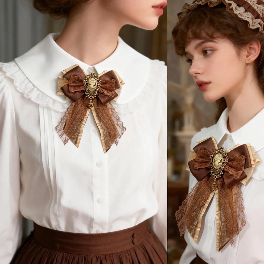 Alloy Lace Ribbon Bow Tie Solid Color Multi-layered Vintage Lolita Necktie Enchase Design Brooch Decoration Shirt Tie
