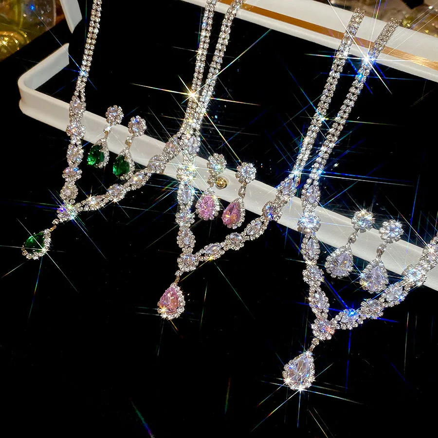Women's Fashion Rhinestone Bridal Jewelry Set for Birthday Prom Water Drop Choker Necklace Earrings Wedding Collection Set A