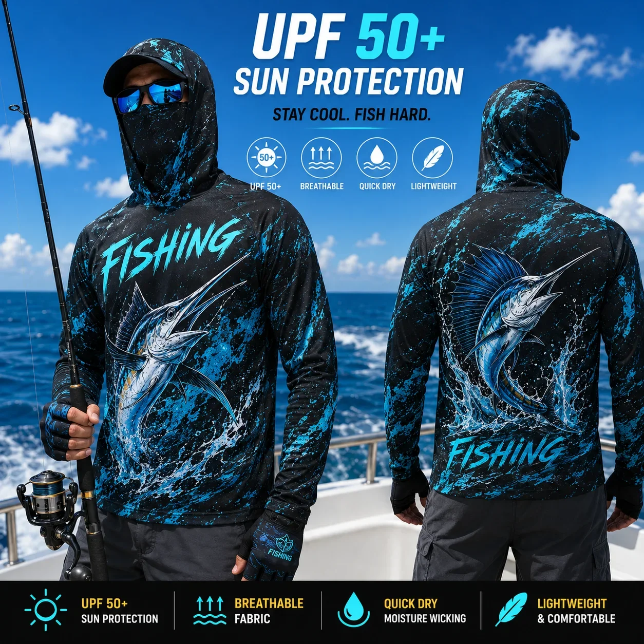 Herren-Angelhoodie mit UPF50+ Sonnenschutz, Maskenmuster, langärmelig, schnelltrocknend, atmungsaktiv, leicht, für das Angeln auf hoher See. – Detail 11