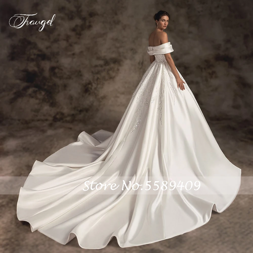 Trugel-vestidos de novia Vintage de encaje con cuello de barco, vestido de novia de lujo, apliques sin espalda, tren de corte con cuentas, Princesa, línea A, Sexy