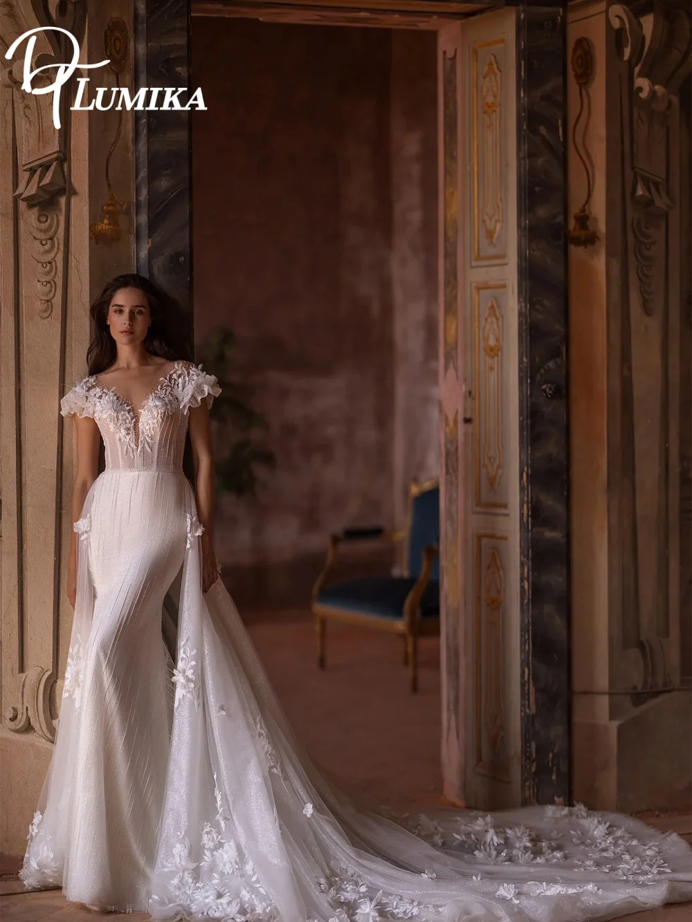 Suknia ślubna DTLumika 3D Flower Romantic z dekoltem w serek, krój syreny, tiulowa, z długim trenem, szyta na miarę, wykwintna, zdobiona koralikami, suknia ślubna robes de maria