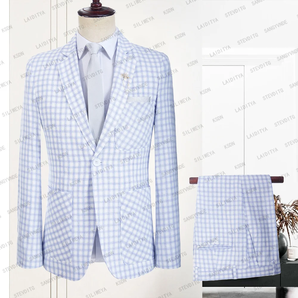 

2023 New Fashion Men Suits White and Blue Plaid Linen 2 Piece Notch Lapel Smart Casual Wedding Male Suit Blazer Jacket Pants