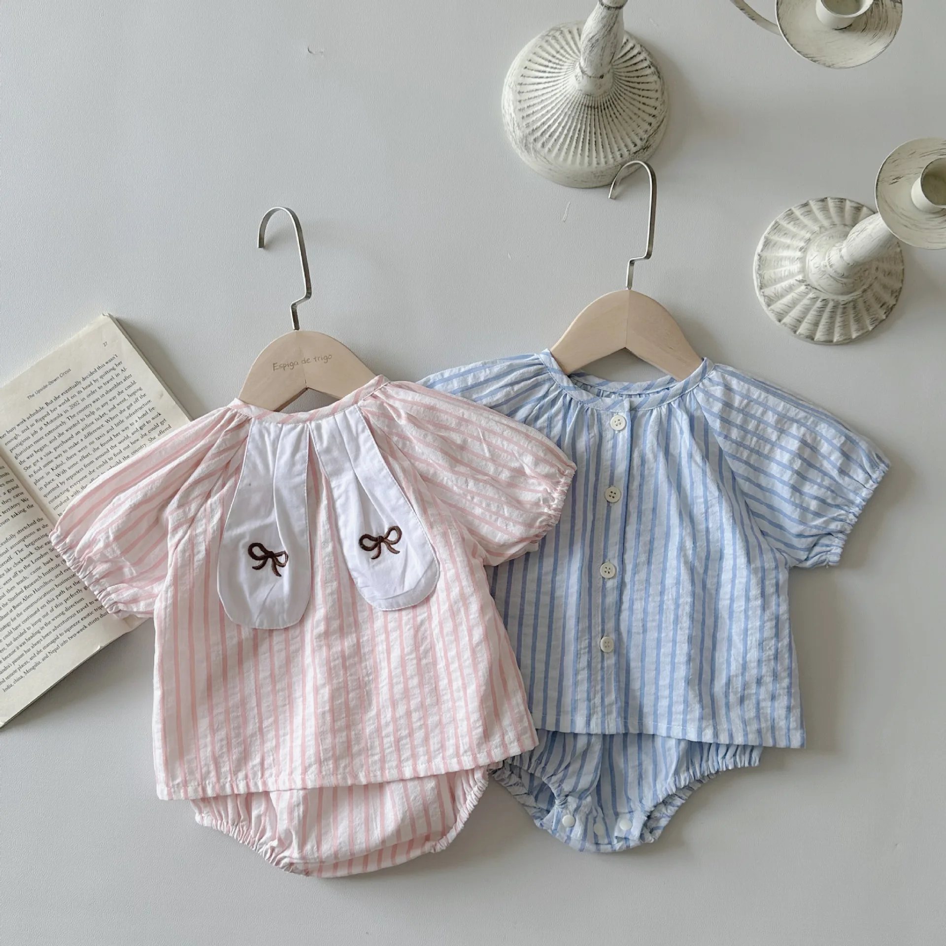 

2025 Summer New Baby Rabbit Ears Embroidery Set Infant Boy Girl Short Sleeve Cardigan + Shorts 2pcs Suit Toddler Striped Outfits