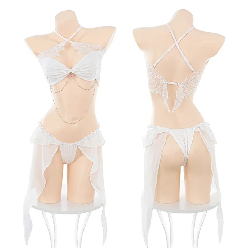 

Holy Seraph Three-point Suit White Angel Uniform Cosplay Costume Sexy Underwear See Through Lingerie Role Play Outfits Nightwear