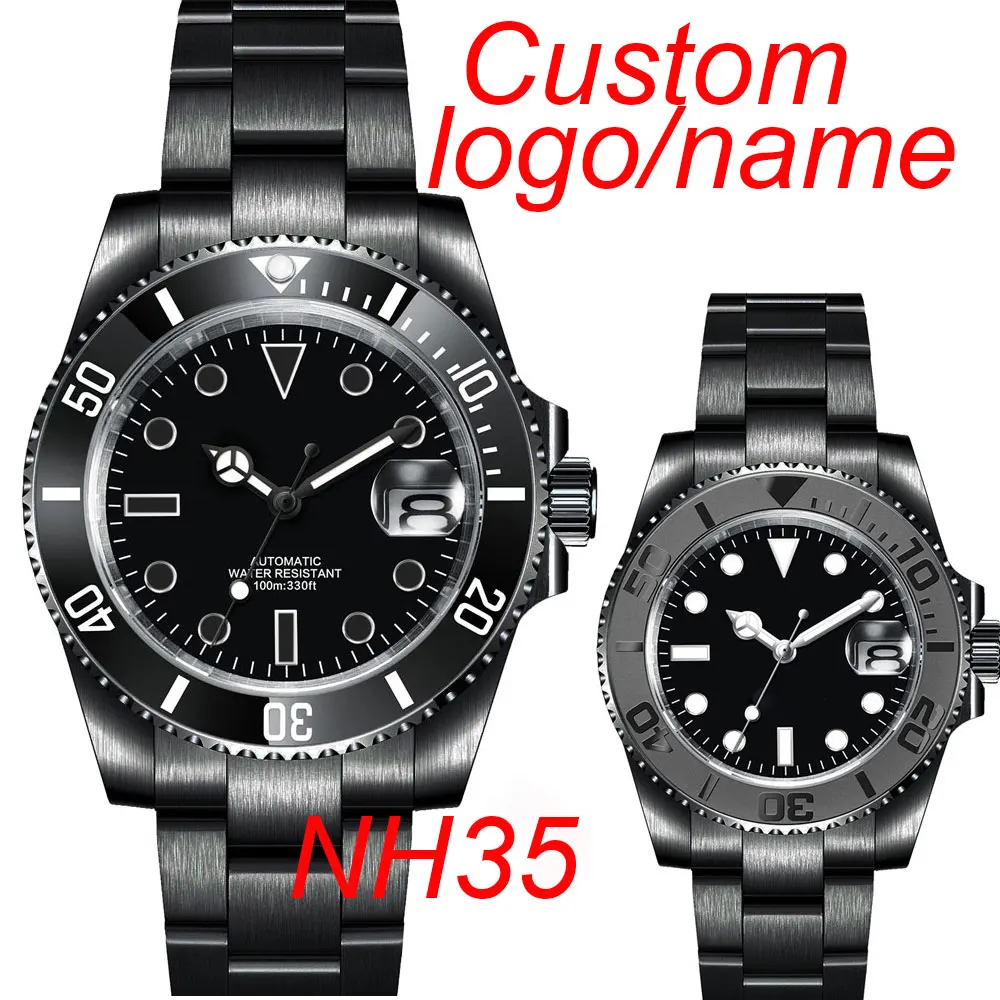 DIY Custom Luxury Sapphire Crystal NH35 Miyota Automatic Mechanical Watch Black PVD Men\'s Watch 10Bar Swimming Date Male Clock