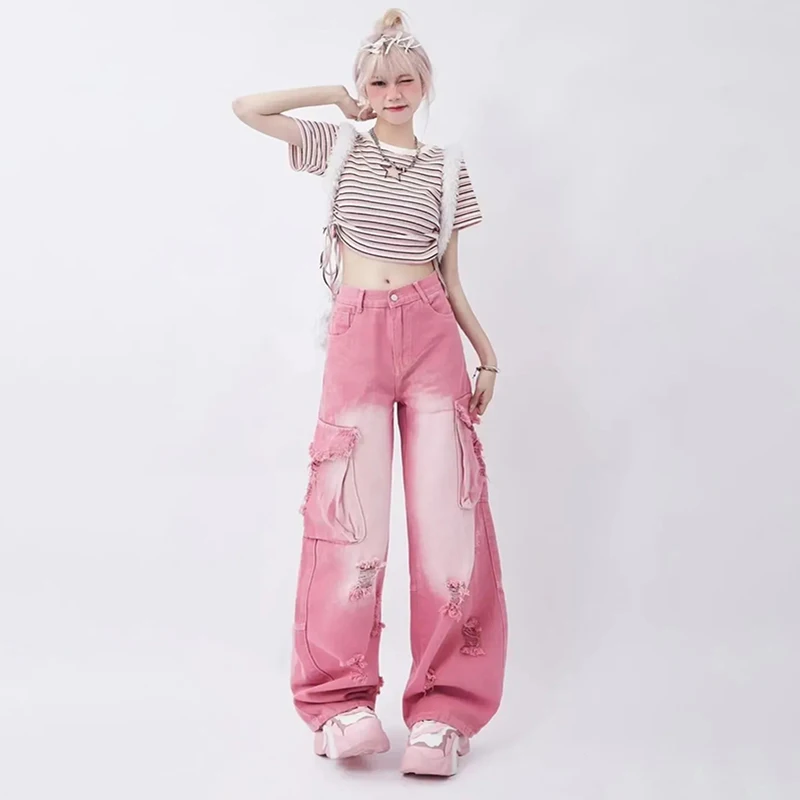 

American Style Pink Ripped Y2K Baggy Jeans Women Vintage High Waist Straight Loose Trousers StreetWear Big Pocket Denim Pants