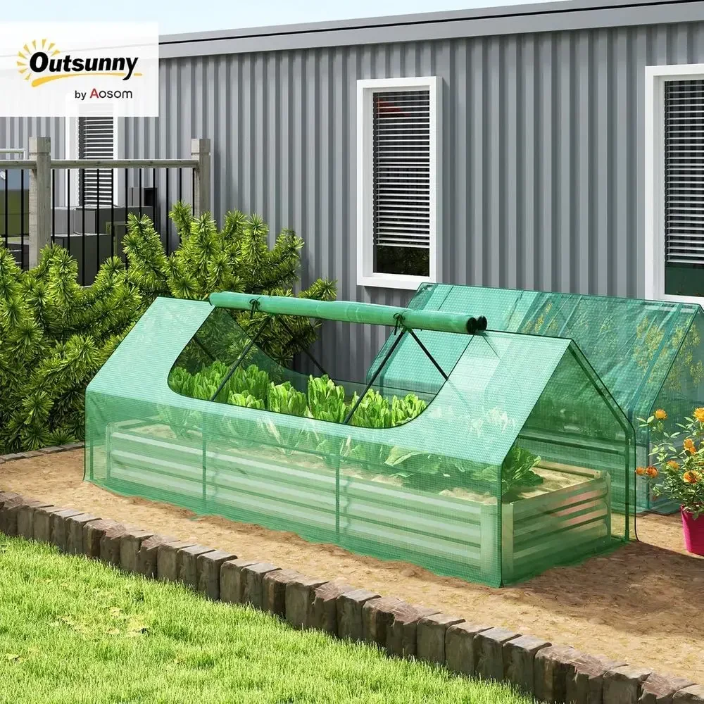 Galvanized Metal Planter Box with Mini Greenhouse, 8.6 x 3 x 1ft, Ideal for Herbs, Vegetables, and Patio Gardening