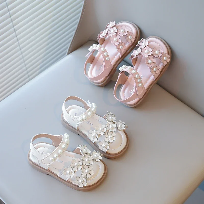 Little Girls Floral Bohemian Sandals with Beads Princess Sweet Kids Summer Shoes Open Toes Anti-skid Size 21-30 Hook & Loop Cute