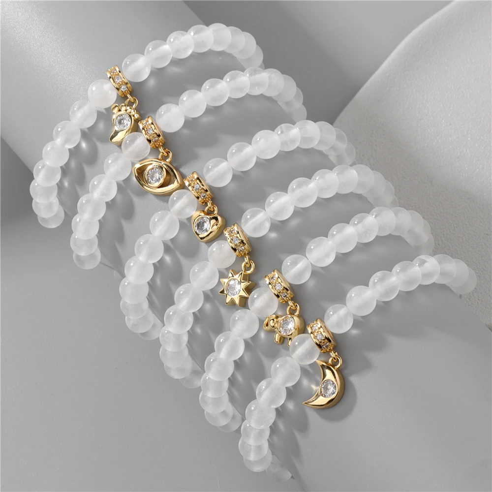 

Natural White Selenite Crystal Bracelet 6mm Healing Gypsum Stone Beads Charm Bracelets for Women Girl Elegant Jewelry Party Gift