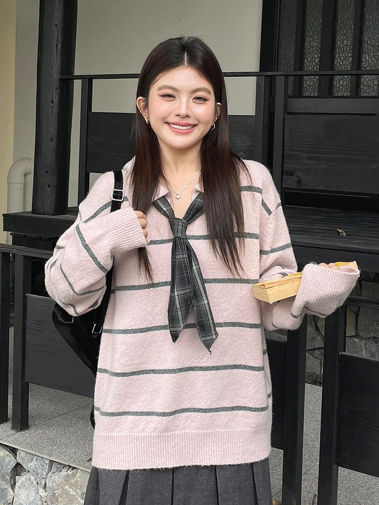 

Трикотажный свитер в полоску для женщин: повседневный, осенне-зимний, модный, комфортный, свободного кроя, с длинным рукавом, термотоп