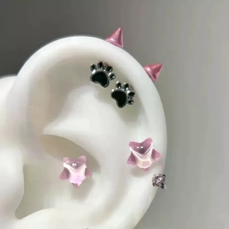 لطيف القط باو الشيطان مربط ثقب القرط للنساء الرجال القوطية الأذن العظام مسمار القرط Y2K مجوهرات اكسسوارات #5