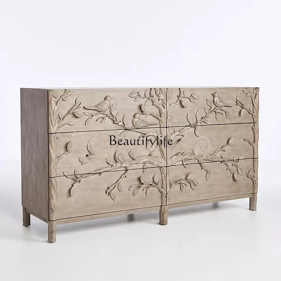 

yj7 French Retro Animal Handmade Solid Wood Carved American Country Style Bedroom Nightstand High-end Furniture