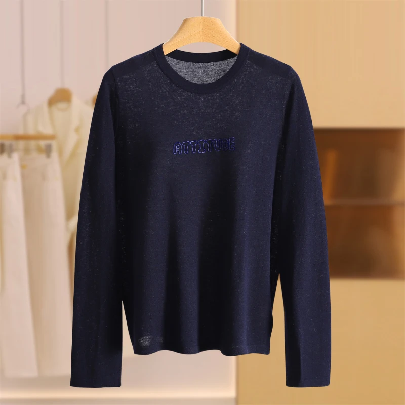 

Versatile Thin Letter Embroidery Sweater Pure Color Simple Design Winter Women's Fashion Collection All-Match Basic Style Kni...
