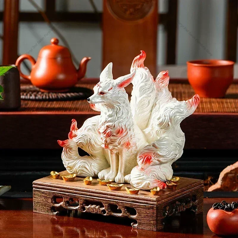 Nine-tailed Fox Chinese Style Miniatures Aesthetic Bedroom Room Originality Figurines Vintage Simple Home Decor Estatua FYFM