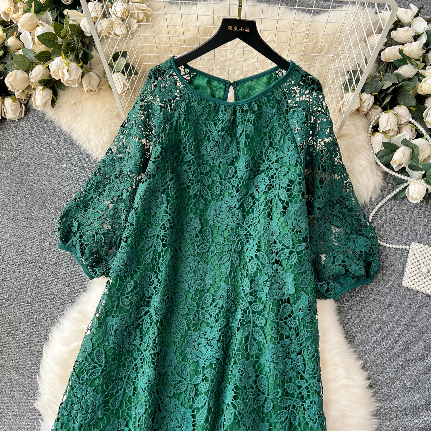 Chic Long Sleeve O Neck Lace Hook Flower Hollow Loose Dress Chiffon A-line Casual Dresses Fashion Women Elegant Vestidos