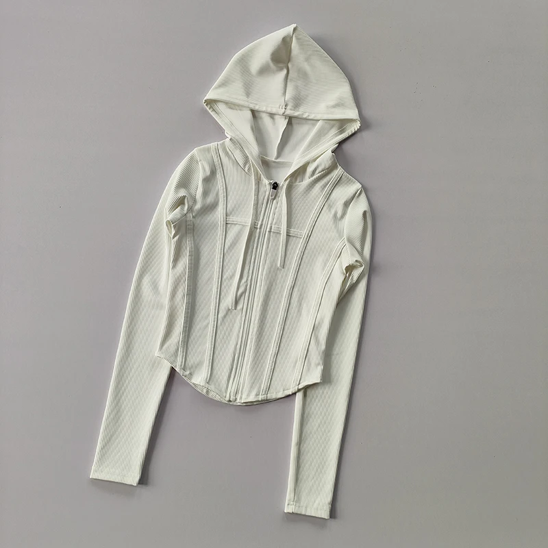 Fitnessjacke für Damen, Kapuzen-Cardigan, Herbst und Winter, eng anliegend, schnelltrocknend, Sport-Lauf-Trainings-Slim-Yoga-Kleid, Langarm – Detail 3