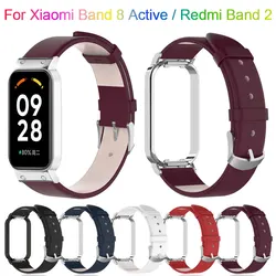 Pulseira de couro e caixa de aço inoxidável para Xiaomi Smart Band, pulseira para 8 Active, Redmi Band 2