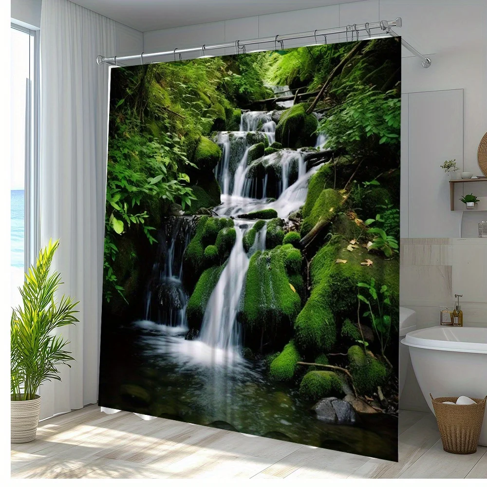 1pc Nature Waterfall Shower Curtain - 70. 8x70. 8 Inch Polyester Fabric with Lush Greenery & Flowing Water Design, Enhances Sere