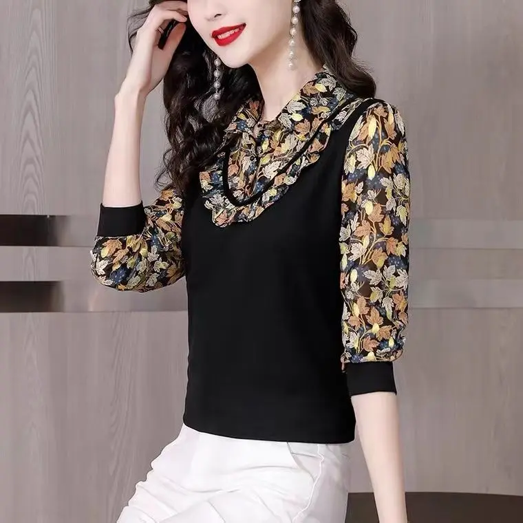 Fake Two Pieces Top Floral Blouses for Women Spring Autumn New Fashion Mom Versatile Long Sleeve T-shirt Top M-3XL