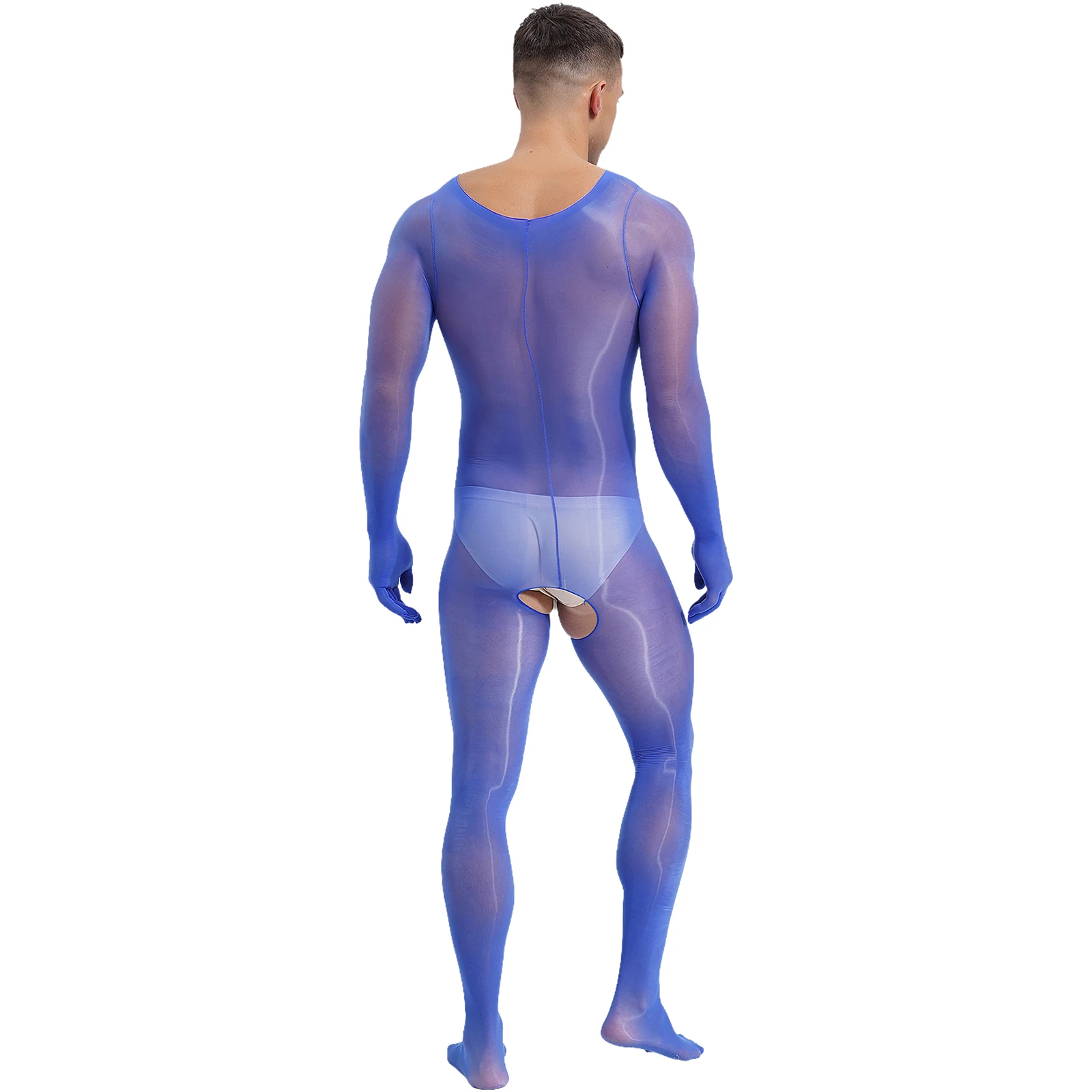 Mens Glossy See-through Long Sleeve Full-body Bodysuit Underwear Nylon Open Crotch Bodystockings Jumpsuit Unitard Nightwear