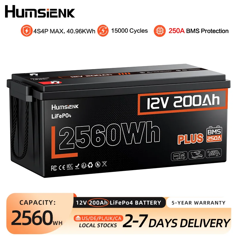 

Аккумулятор Humsienk 12В 200Ач LiFePO4 со встроенной BMS 250А и защитой от низких температур для автодомов/кемпинга/домашнего хранения энергии