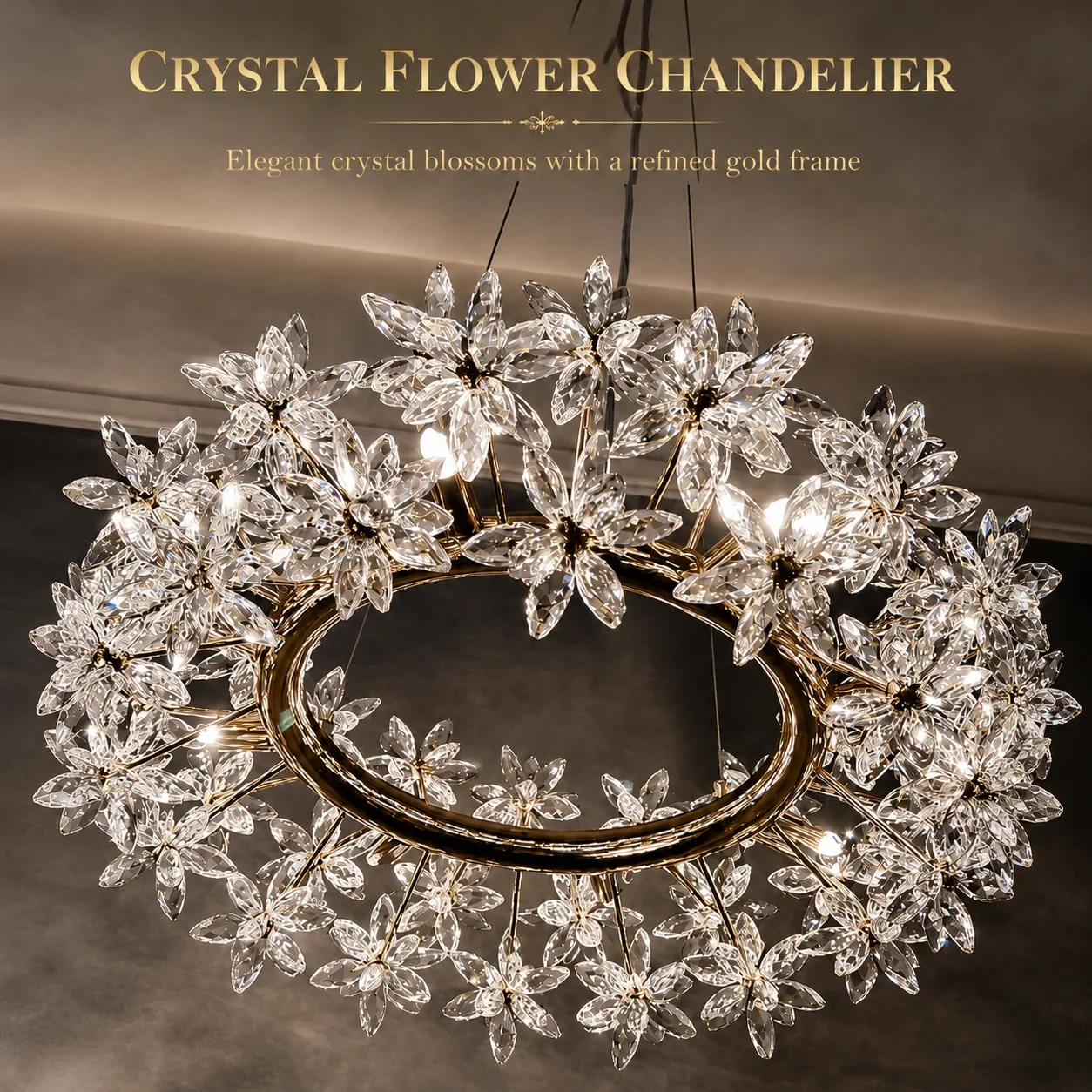 Luxury Crystal Flower Chandelier Gold Ring Ceiling Light for Living Room Dining Room Foyer Dia 50cm 80cm G9 Bulbs Included