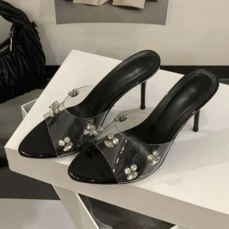 

Aneikeh/модные черные прозрачные женские тапочки на тонком высоком каблуке из ПВХ с открытым носком, женская обувь для банкета, стриптиза