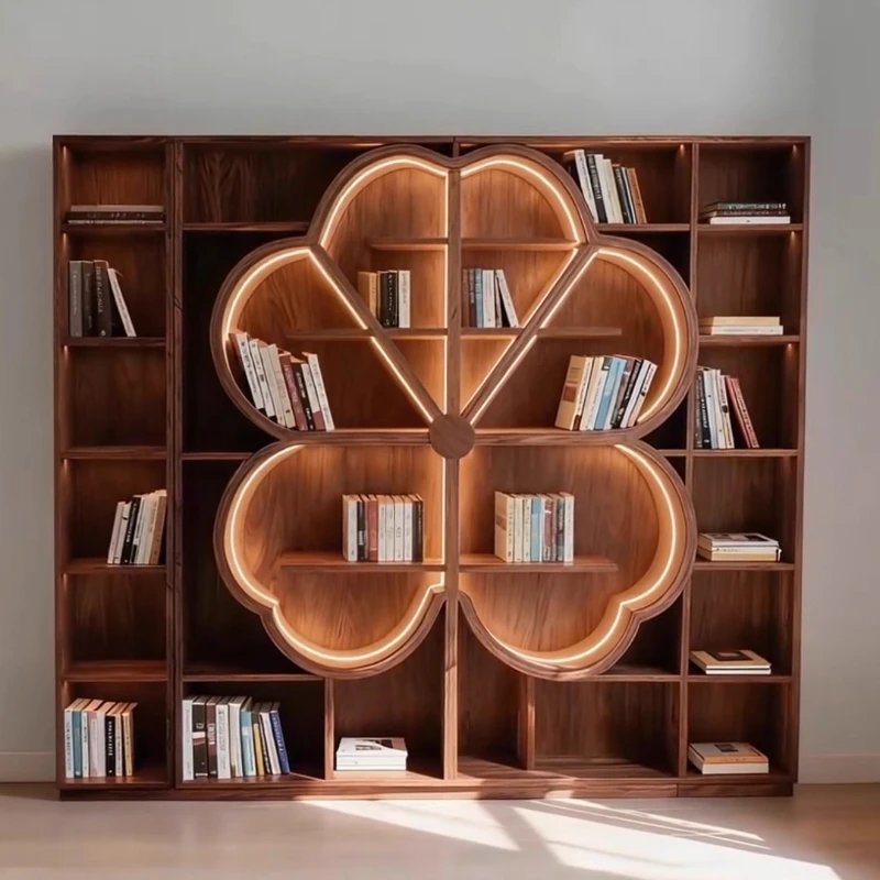 

New Chinese black walnut bookcase bookshelf integrated against the wall solid wood study living room large bookcase with lamp