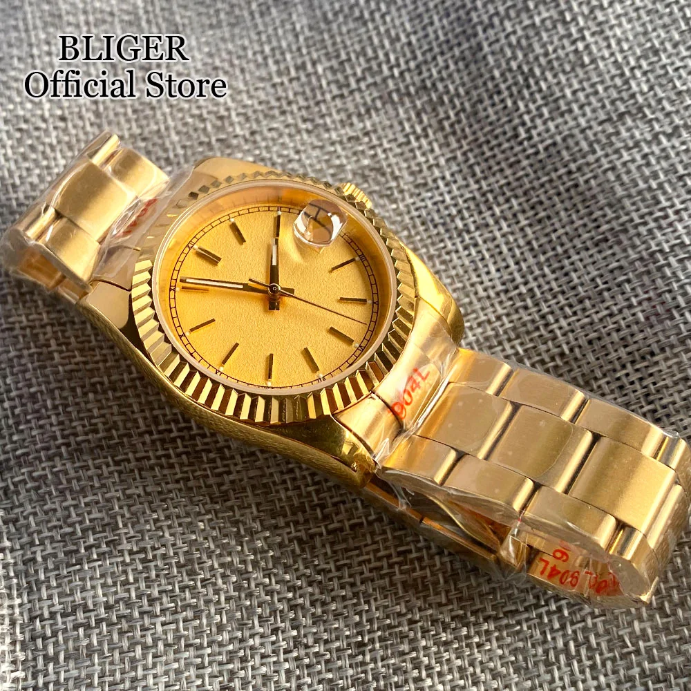 BLIGER 36mm NH35A Automatic Watch For Men Sapphire Glass Luminous Gold Hands Polished Case Steel Bracelet Yellow Dial