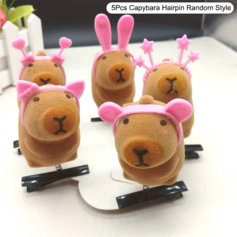 5Pcs Pink Headband Capybara Flocking Hairpin Cartoon Animal Spring Hair Clip Lovely Headwear Hair Accessories Party Favors