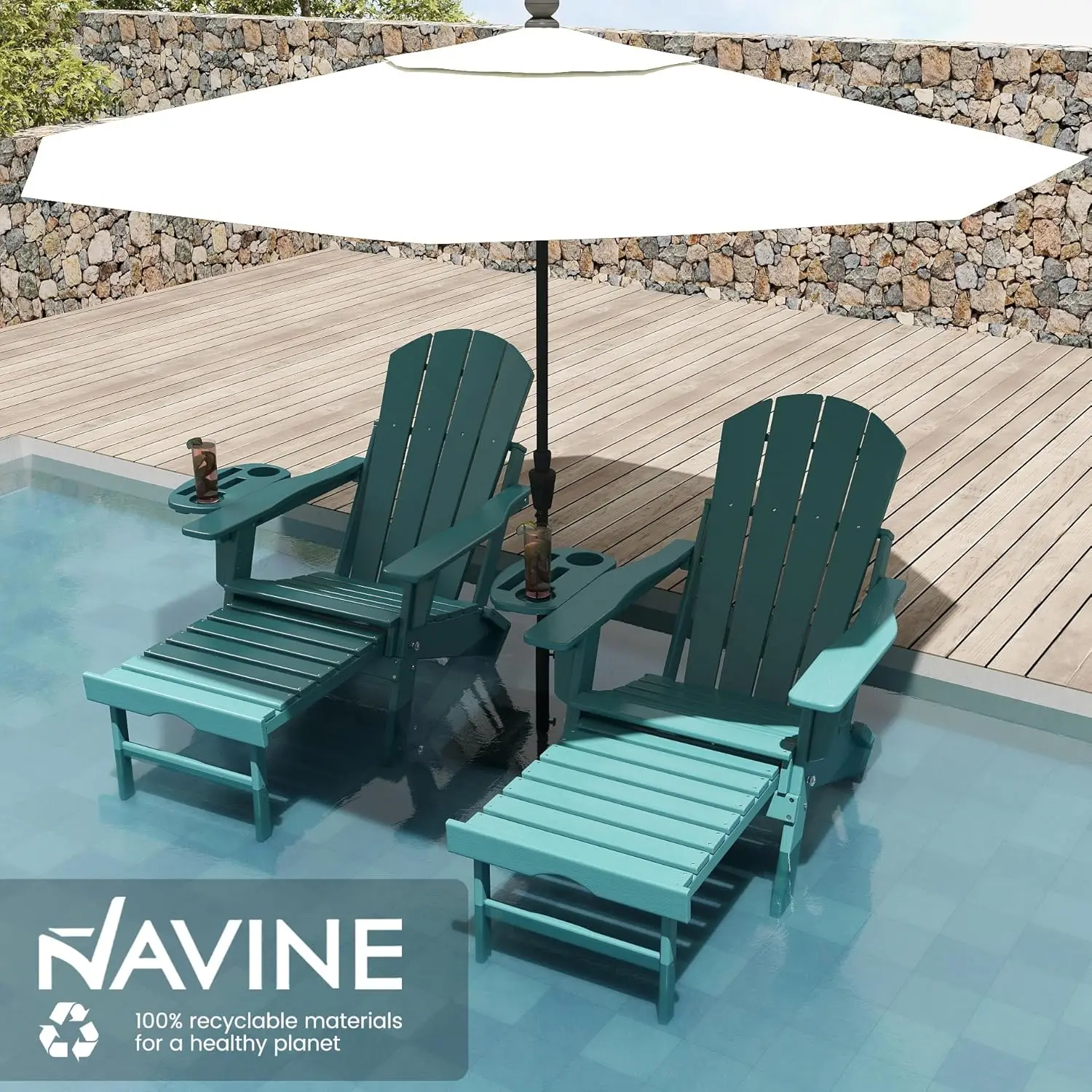 Adjustable Adirondack Chair with Retractable Ottoman Set of 2, HDPE Folding Adirondack Chair with Cup Holder, All Weather Fire