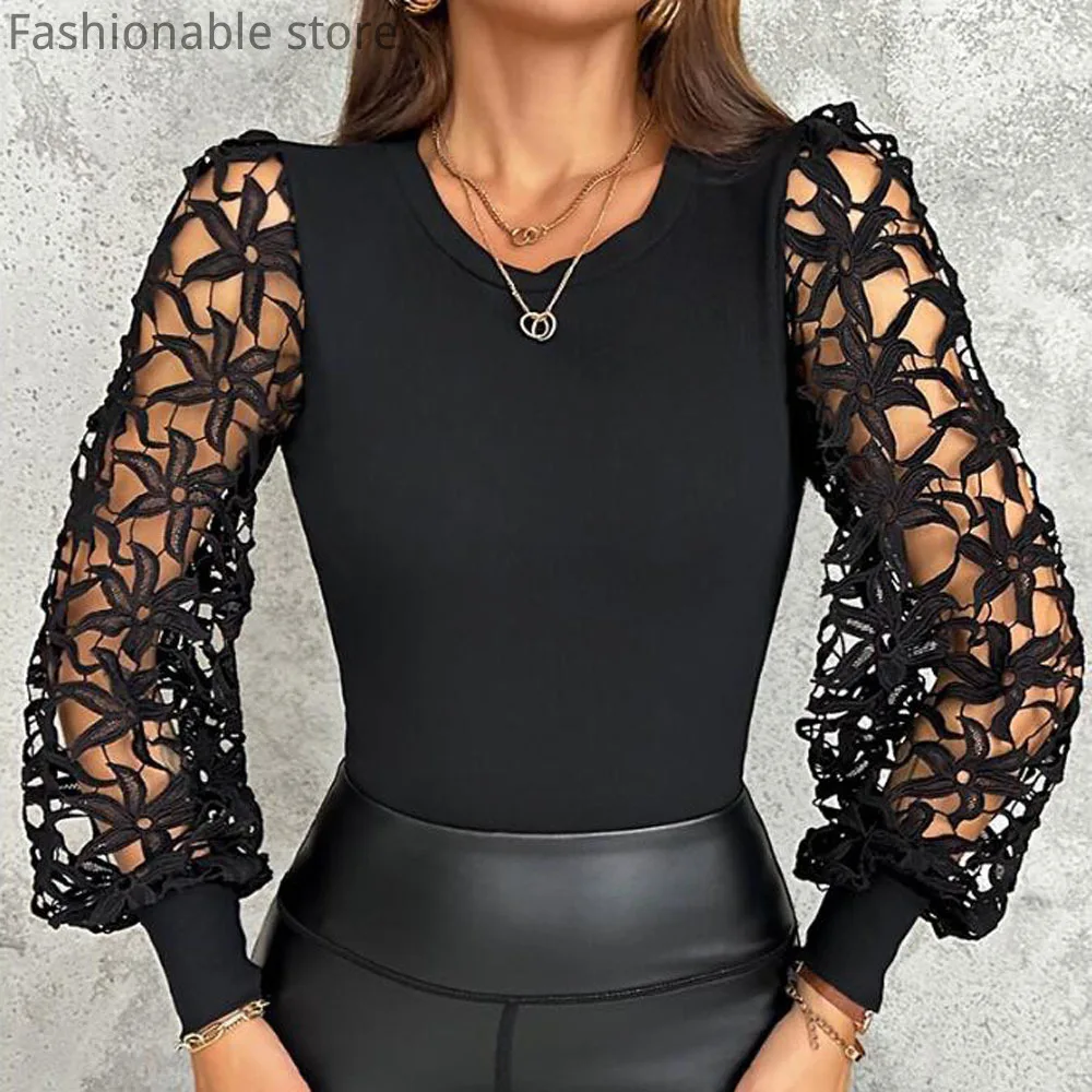 Frauen lässig einfarbig Blumenmuster Rundhals ausschnitt ausgehöhlte Spitze Langarm Pullover Top