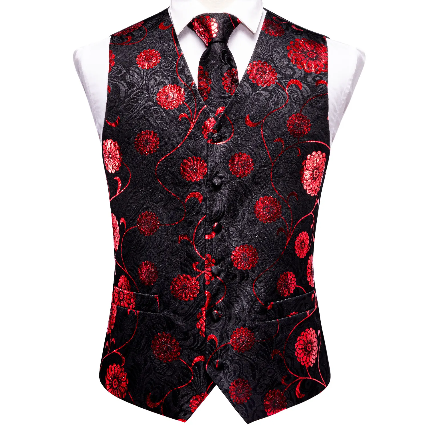 Red Maroon Burgundy Mens Vests Jacquard Floral Paisley Waistcoat Tie Hanky Cufflinks Set for Men Suit Weddding Business Party