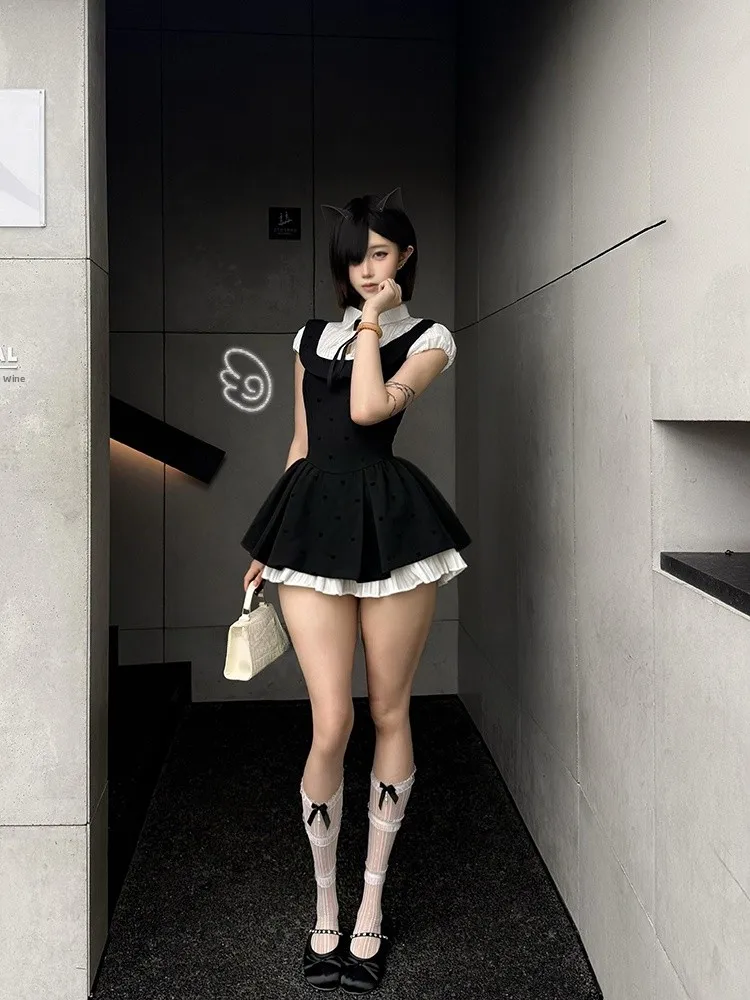 

Sweet Waist-Cinching A-Line Skirt with Pleated Design for Women Summer College Style Fashionable Splicing Skirt