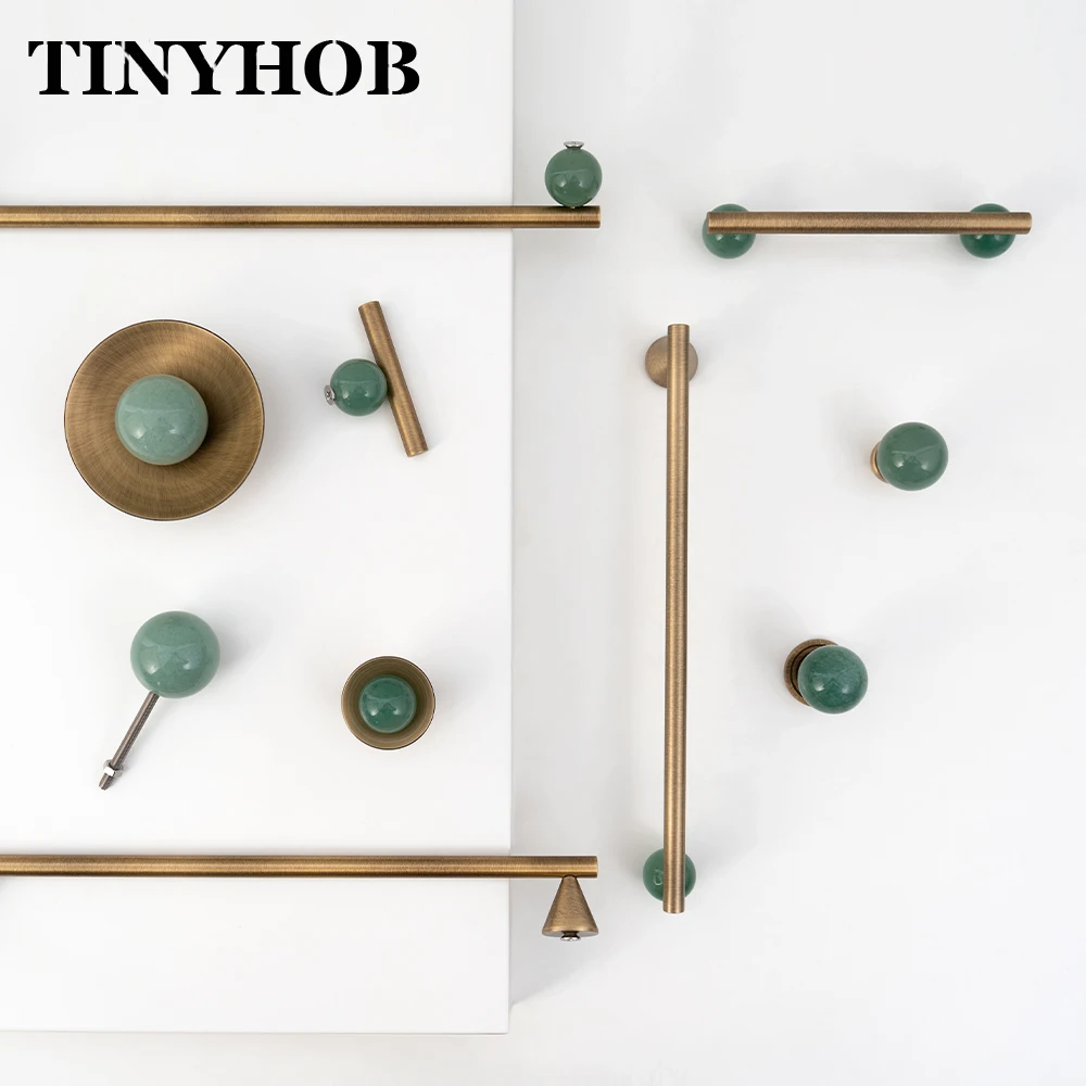 Natural Green Stone Cabinet Handles Antique Brass T‑Bar Pull Knobs Drawer Knob for Wardrobe Cupboard Dresser Furniture Hardware