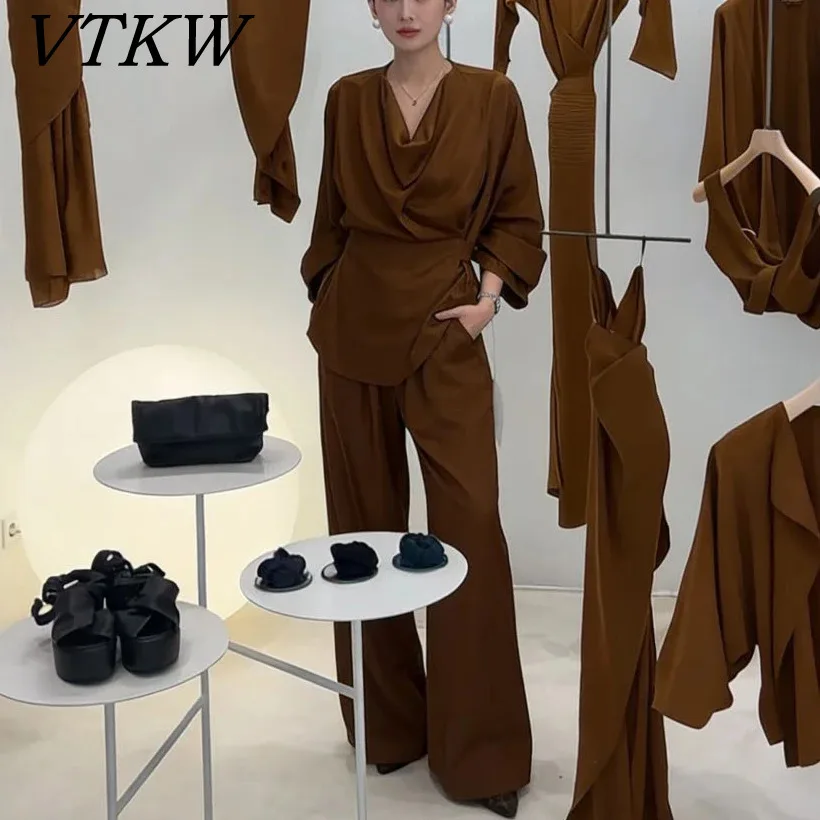 

VTKW 2026 New Arrival Women Two Piece Pants Set Draped Collar Wrap Blouse Satin Texture Self Tie Waist Wide Leg Trousers Outfit