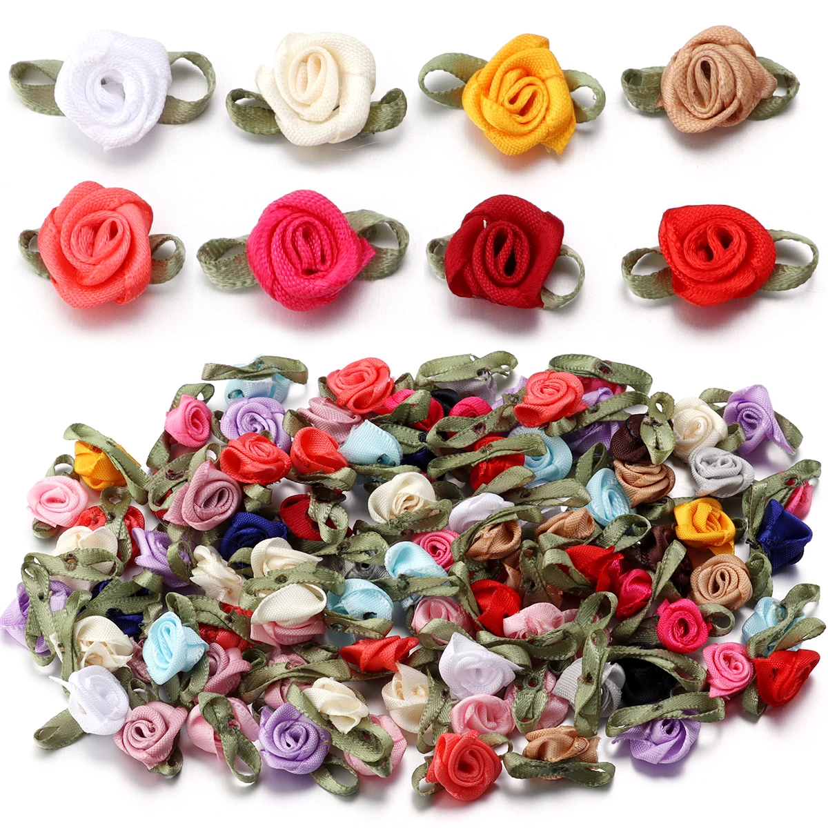 50Pcs 1.5x2.5cm 18 Colors For Choice Fashion Ribbon Rose Rosettes with Leaf Fabric Flower Accessories DIY Crafts Sewing Supplies