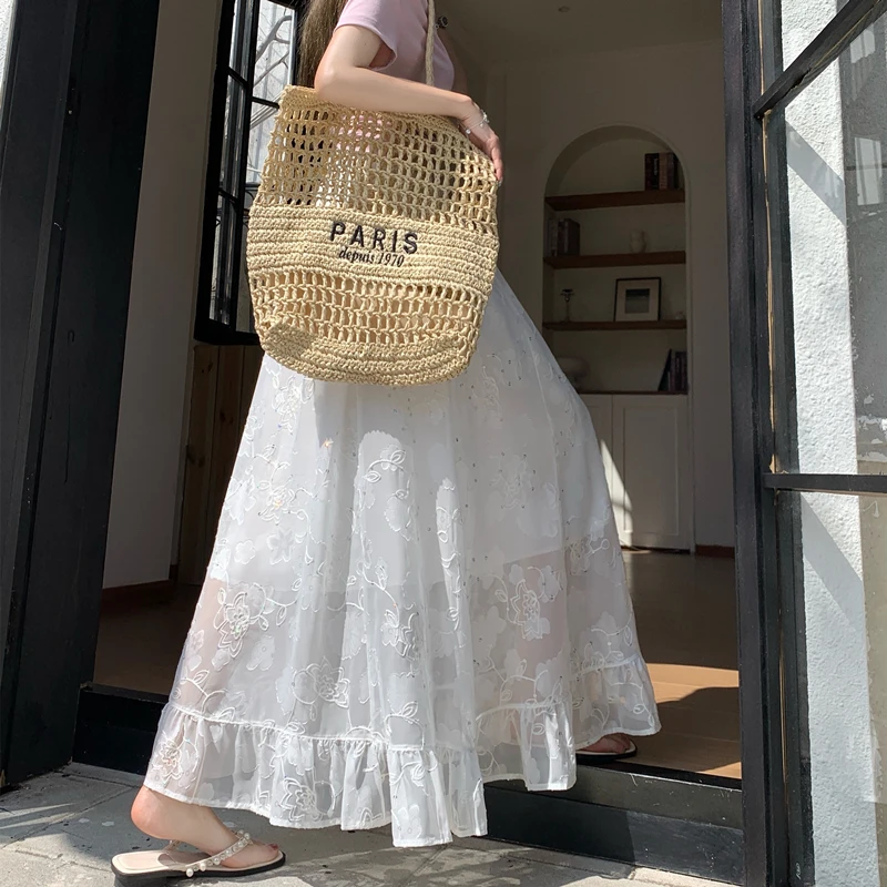 White Embroidered Heavy Lace Flower Half Skirt Women's High Waist Loose Wide Hem Umbrella Skirt Polyester Fiber Long Skirt