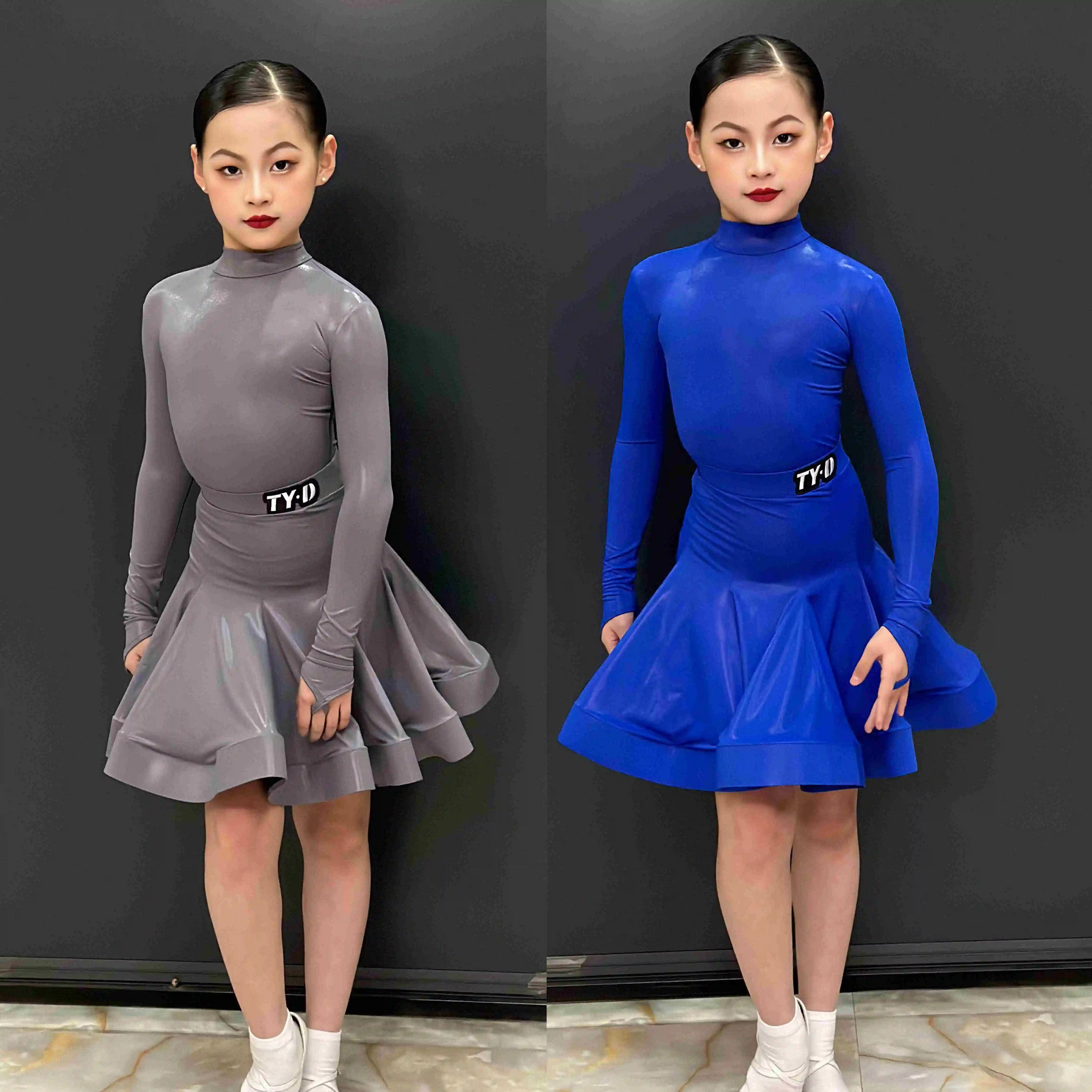 

Latin Dance Clothes Kids Competition Standard Dress Long Sleeves High Collar Gray Blue Suit Girls Cha Cha Dance Costume DNV26494