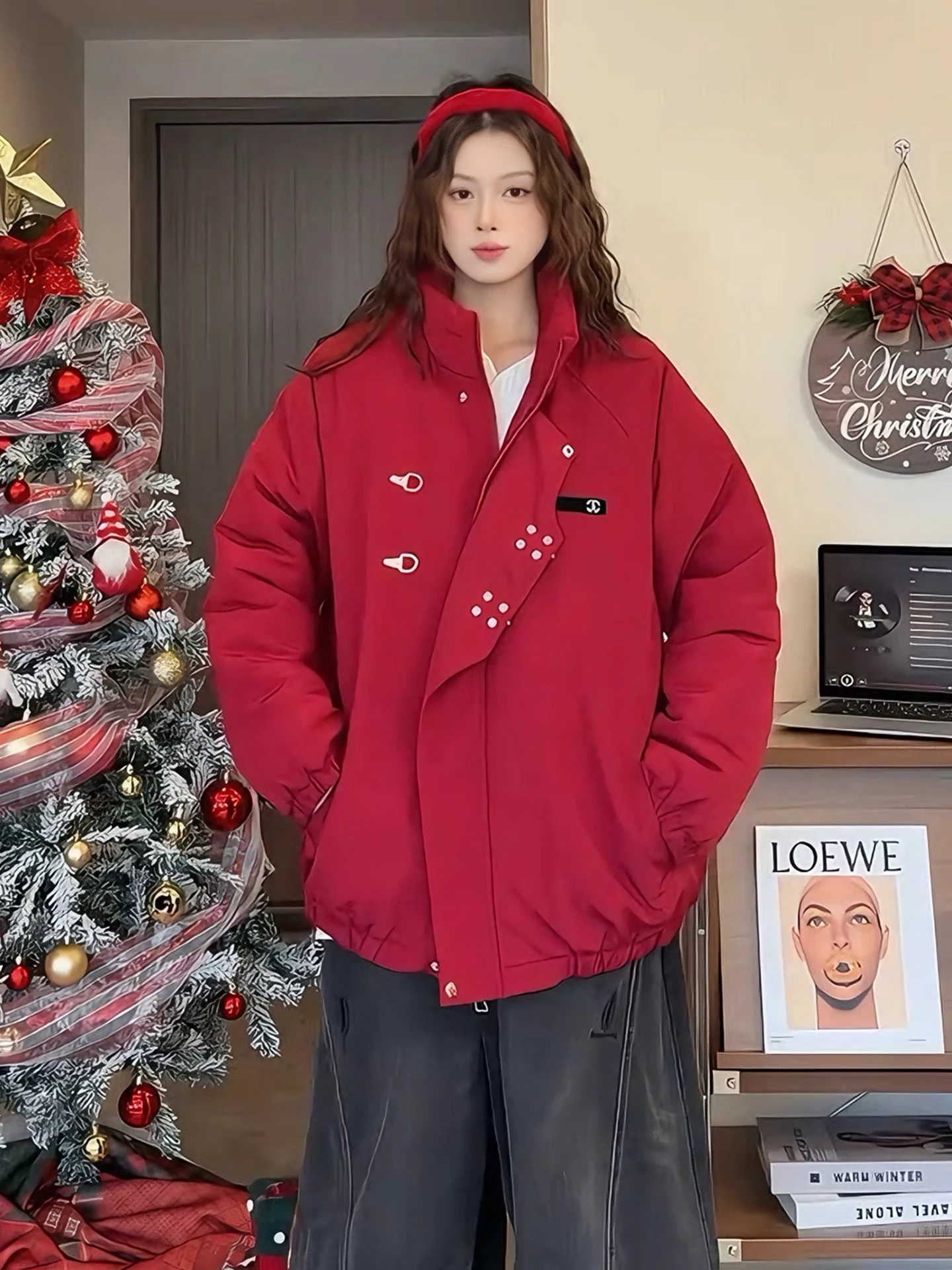 

Красная утепленная хлопковая куртка с принтом самолета, мужская зимняя теплая верхняя одежда для пар, длинная, на молнии