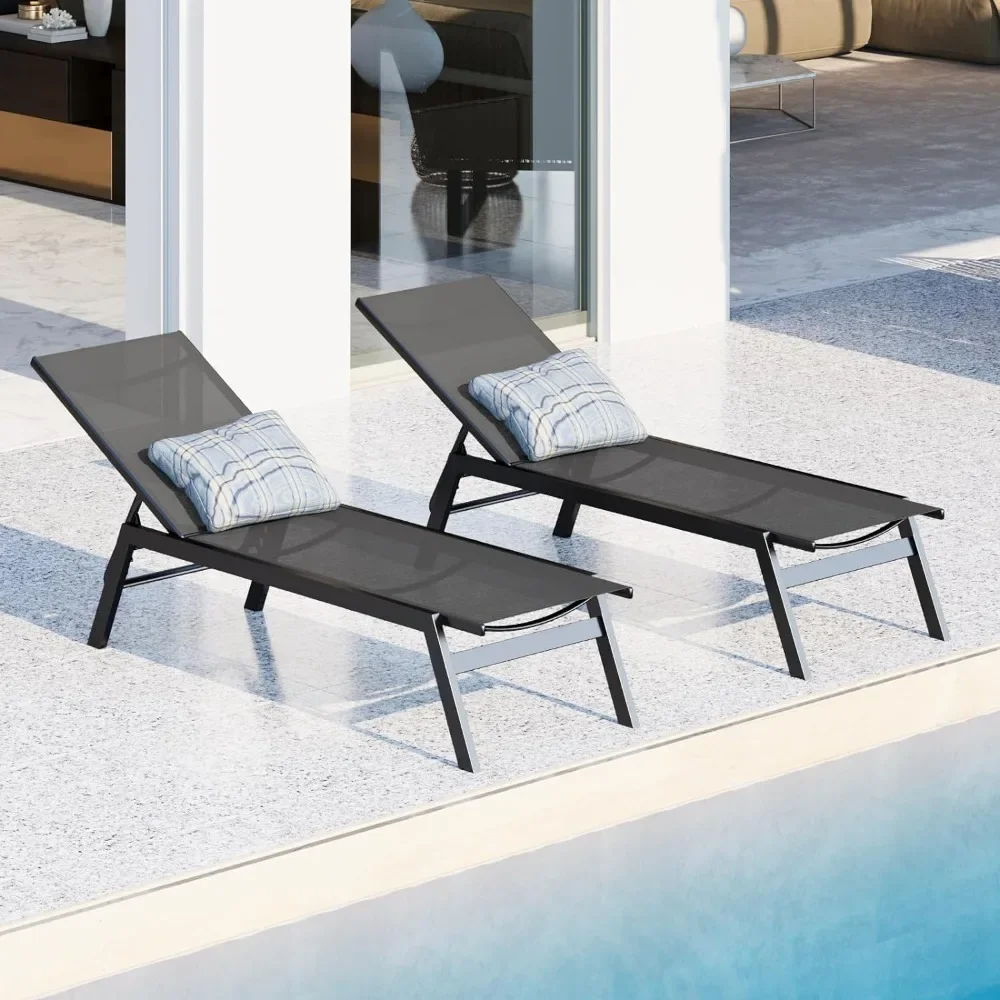

Outdoor Patio Chaise Lounge Set of 3, Sun Lounge Chairs with Metal Table&Headrest, Sunbathing Recliner w/5 Adjustable Backrest