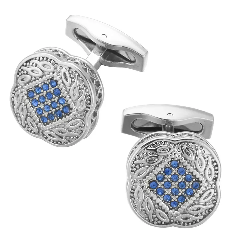 High Quality Men\'s Shirt Cufflinks New Fashion Silvery Gold Color Crystal Metal Cufflinks for Men