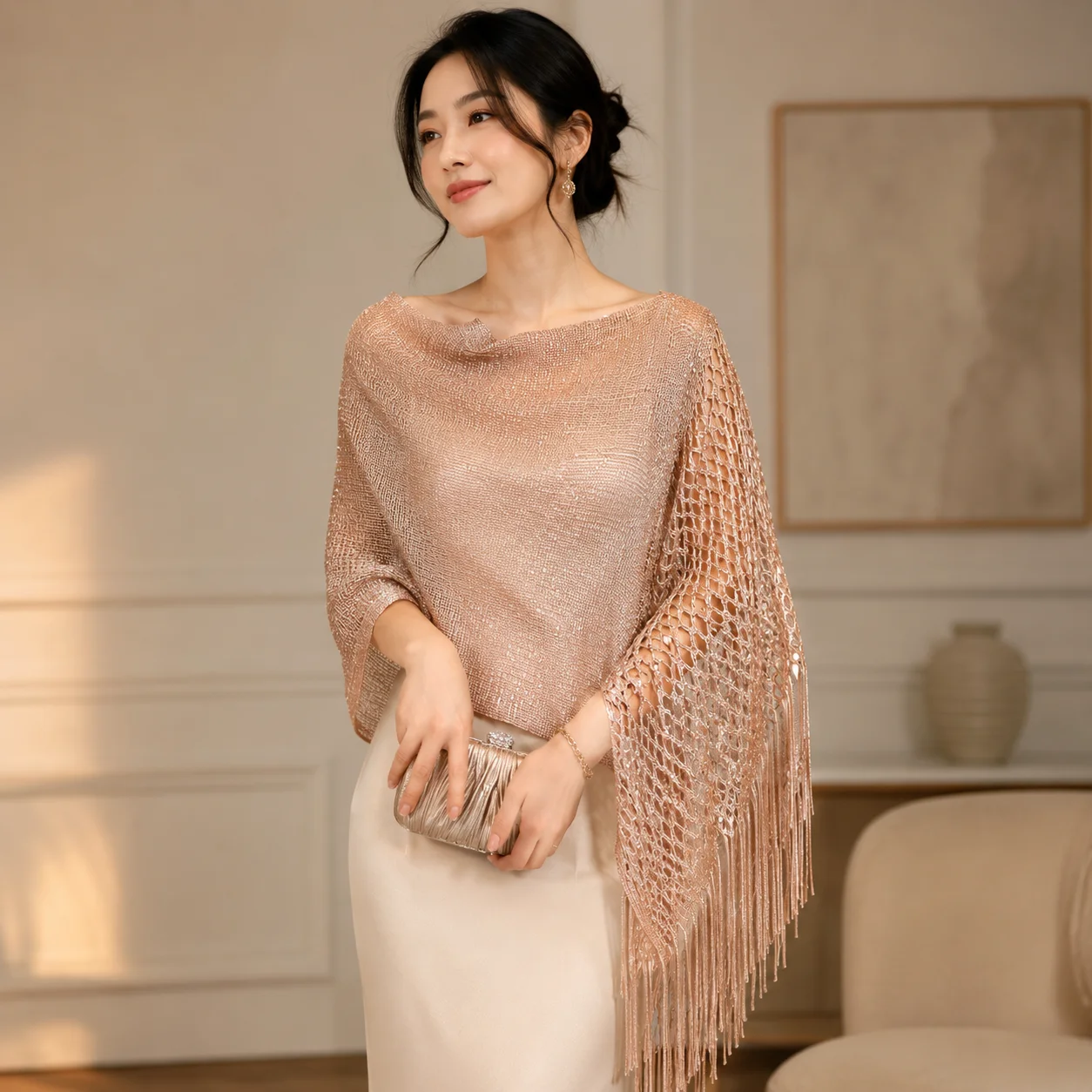 Elegant Mesh Tassel Hollow Knitted Shawl for Women Gold Silver Thread Dresses Shawls Outerwear Fashion Outdoor Wear Dinner Party