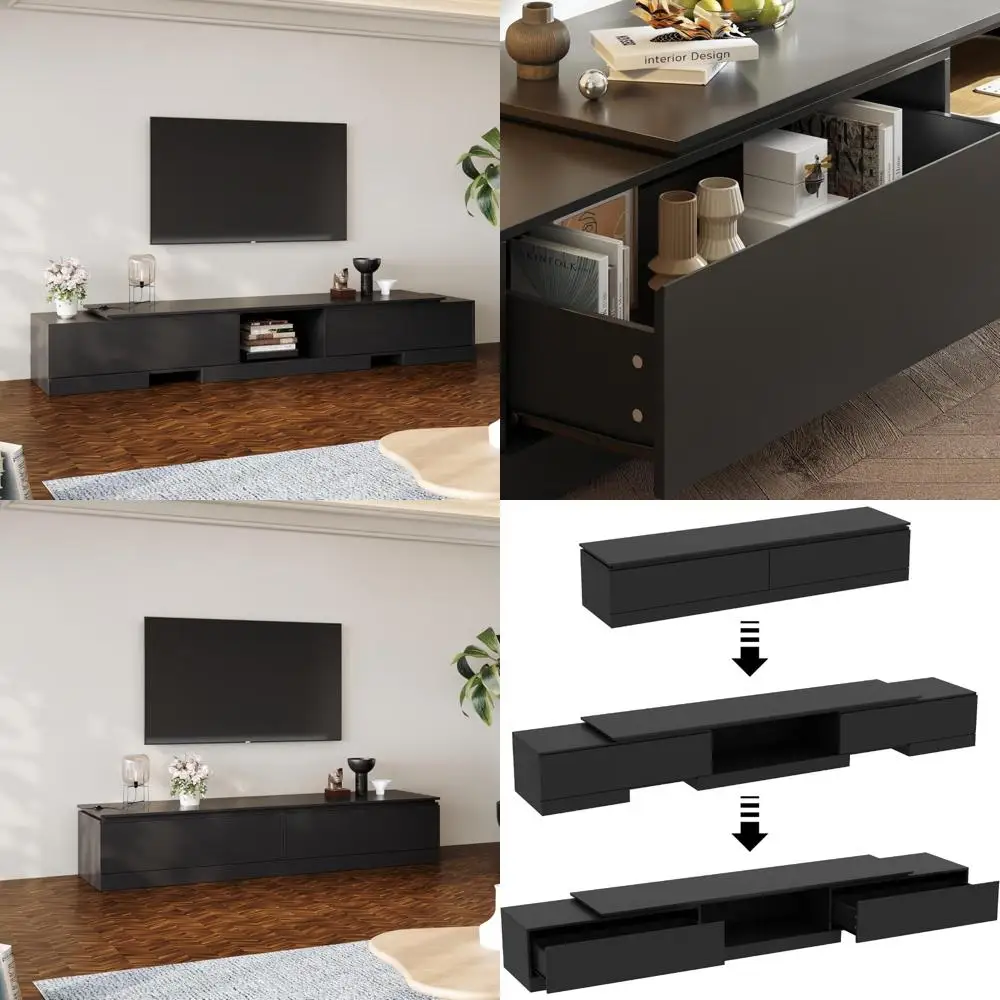 Modern Extendable TV Stand with 2 Drawers, Deformable Design for 63-93.7 TVs, Wood Media Console for Gaming and Entertainment